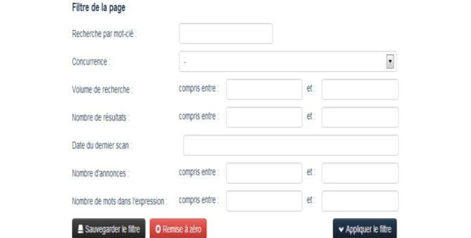 Aperçu des filtres pour les mots clés similaires (recherche par mots clés) 